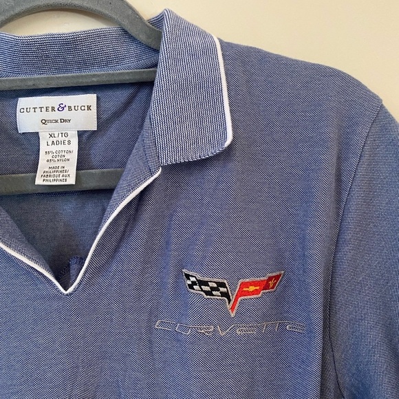 VINTAGE CUTTER AND BUCK WOMENS CORVETTE EMBROIDERED V NECK POLO BLUE HEATHER - Picture 3 of 6
